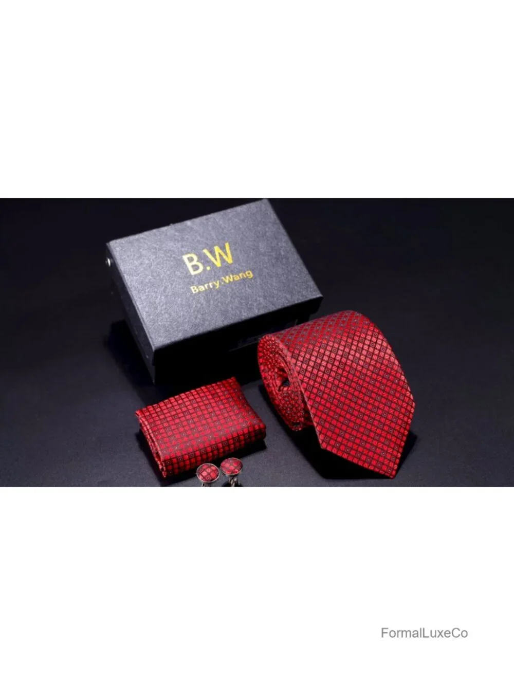 Men's Silk Polyester Tie Set with Pocket Square & Cufflinks, Formal Accessories